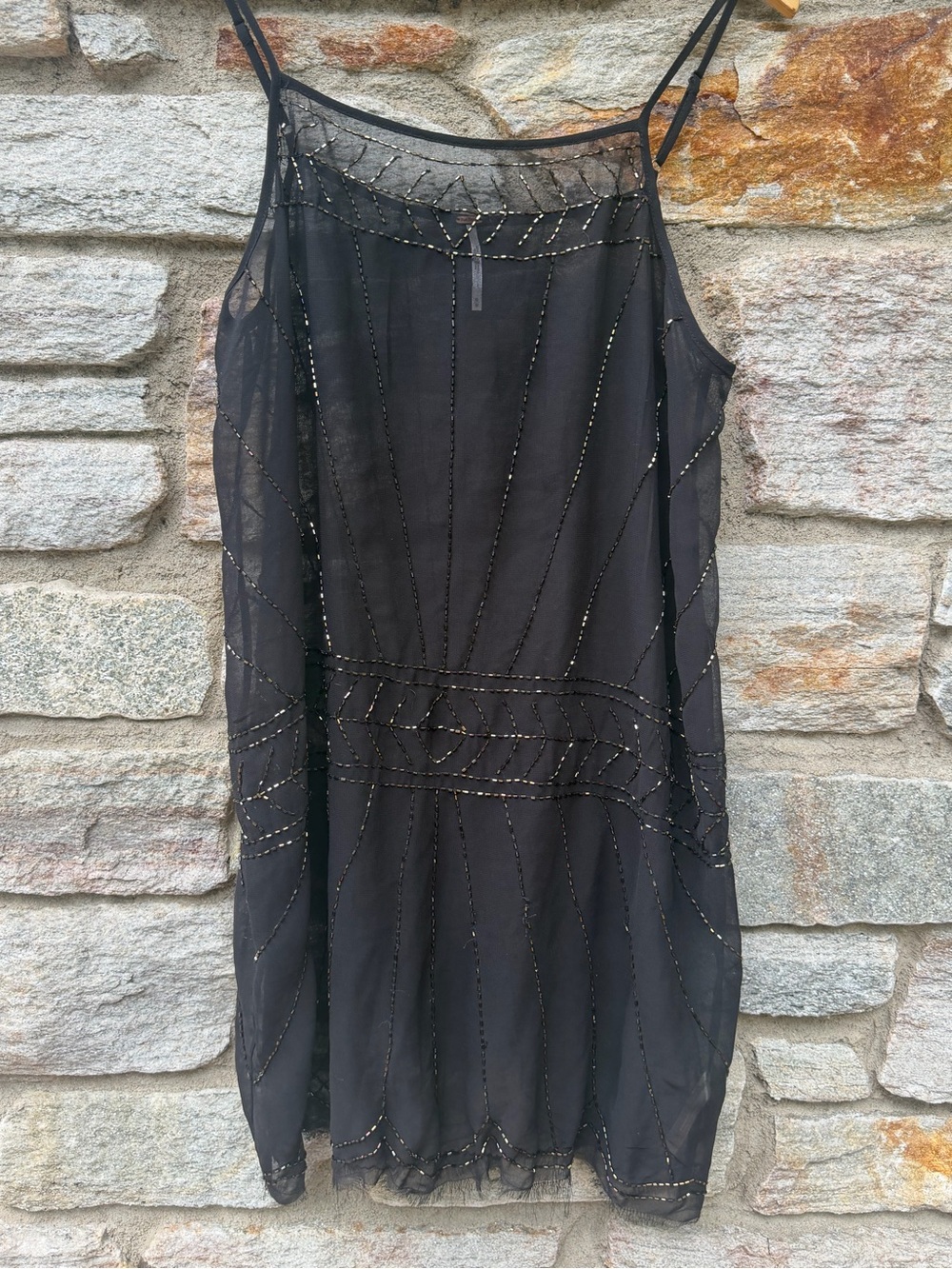 Free People Black Beaded Spaghetti-Strap Dress